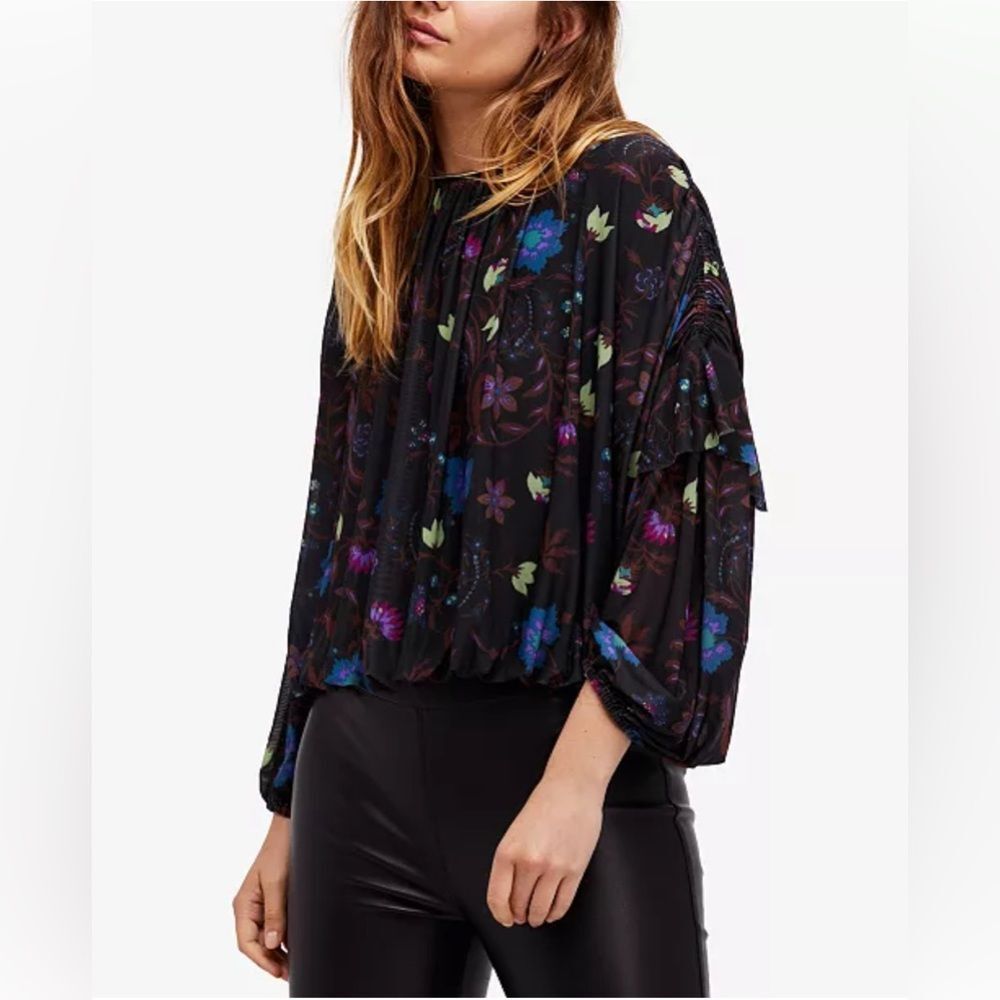 Free People Black Wildflower Honey Mesh Blouson Top Size Small